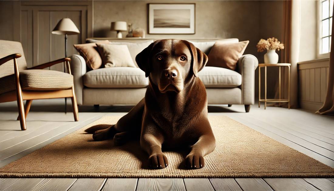 Czekoladowy Labrador Retriever leżący na dywanie w przytulnym salonie, fotorealistyczny obraz.